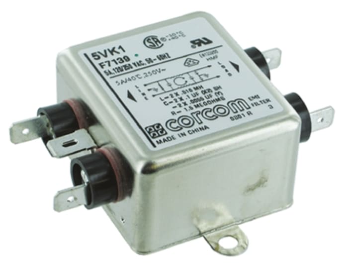 TE Connectivity, Corcom K 5A 250 V ac 50/60Hz, Flange Mount RFI Filter, Fast-On, Single Phase
