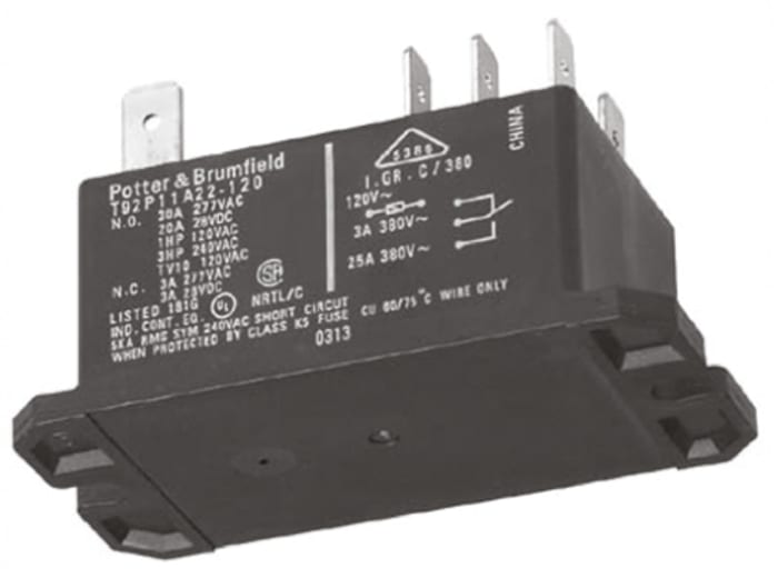 TE Connectivity Panel Mount Power Relay, 110 → 120V ac Coil, 30A Switching Current, DPDT