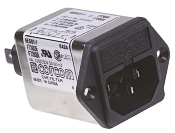 TE Connectivity 6A, 250 V ac Male Flange Mount IEC Filter 6EGG1-1, Spade 1 Fuse