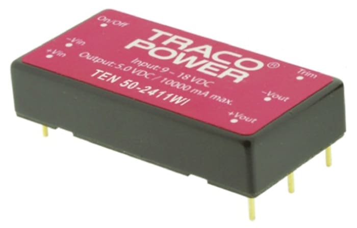 TRACOPOWER TEN 50WI DC-DC Converter, 5V dc/ 10A Output, 9 → 36 V dc Input, 50W, Through Hole, +85°C Max Temp