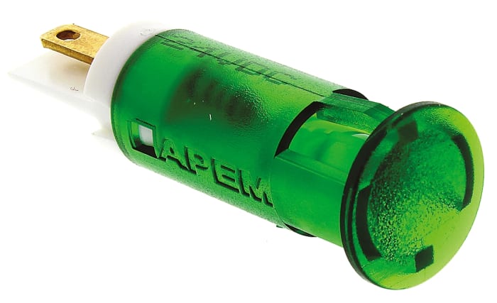 APEM Green Panel Mount Indicator, 24V dc, 10mm Mounting Hole Size, Faston, Solder Lug Termination