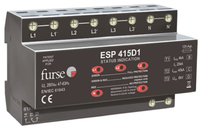 WJ Furse Şebeke Parafudr, 280 V, 6,25 kA, 80 kA, D1 Serisi