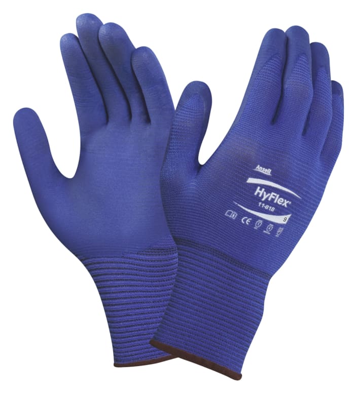Ansell HyFlex 11-818 Blue Nylon, Spandex General Purpose Work Gloves, Size 8, Nitrile Foam Coating