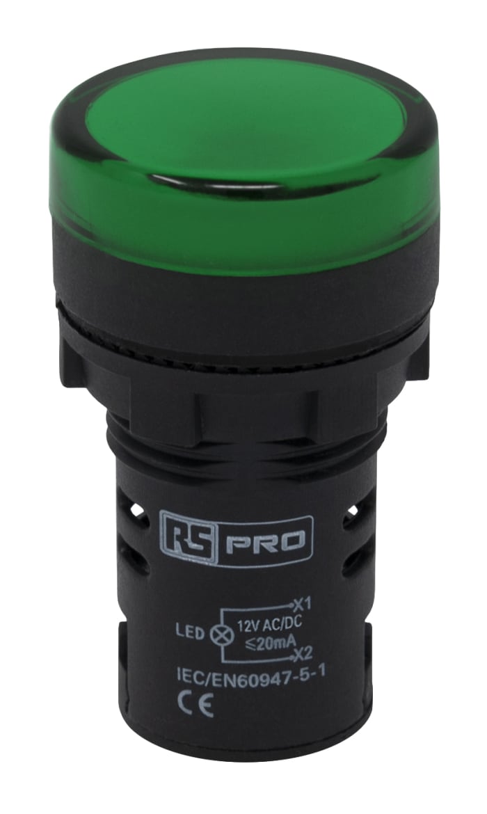 RS PRO, Panel Mount Green LED Pilot Light, 22mm Cutout, IP65, Round, 12V ac/dc