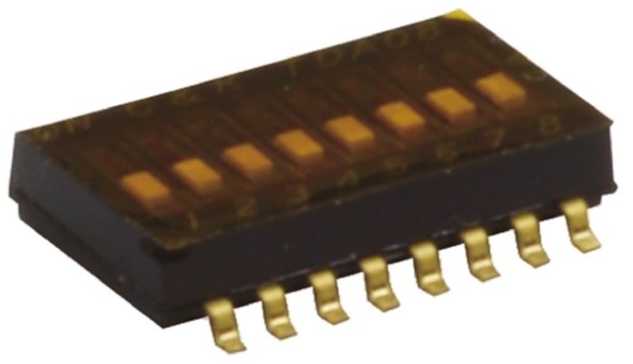 Interruptor DIP, SPST, Montaje superficial, Actuador Enrasado, 25 mA a 24 V dc, 6 vías, -40 → +85°C