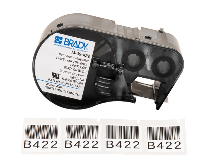 Brady B-422 Black on White Label Printer Tape, 25.4 mm Width, 25.4mm Label Length