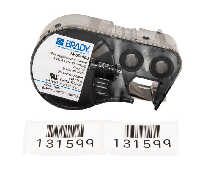 Brady B-483A Black on Black on White Label Printer Tape, 25.40 mm Width, 50.8mm Label Length