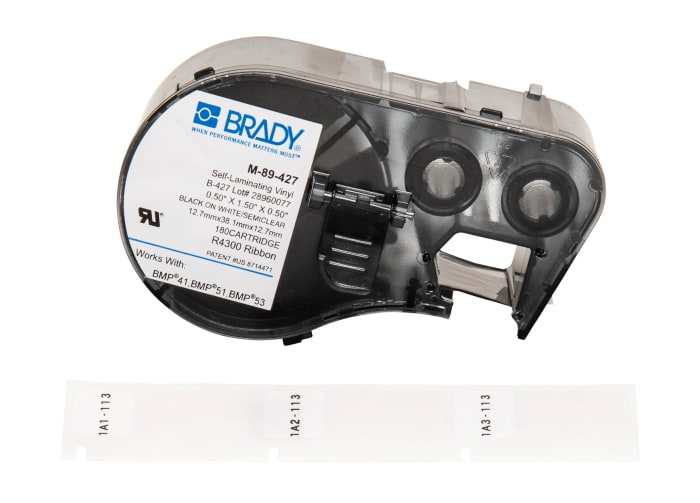 Brady B-427 Black on Black on White, Transparent Label Printer Tape, 12.70 mm Width, 38.1mm Label Length