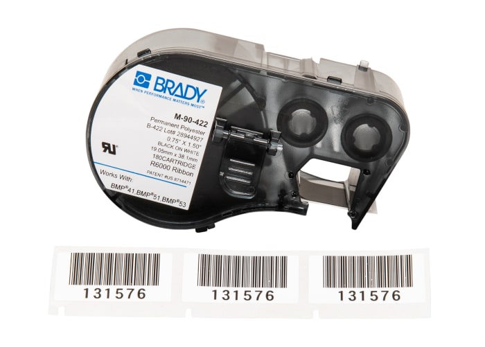 Brady B-422 Black on Black on White Label Printer Tape, 38.10 mm Width, 38.1mm Label Length