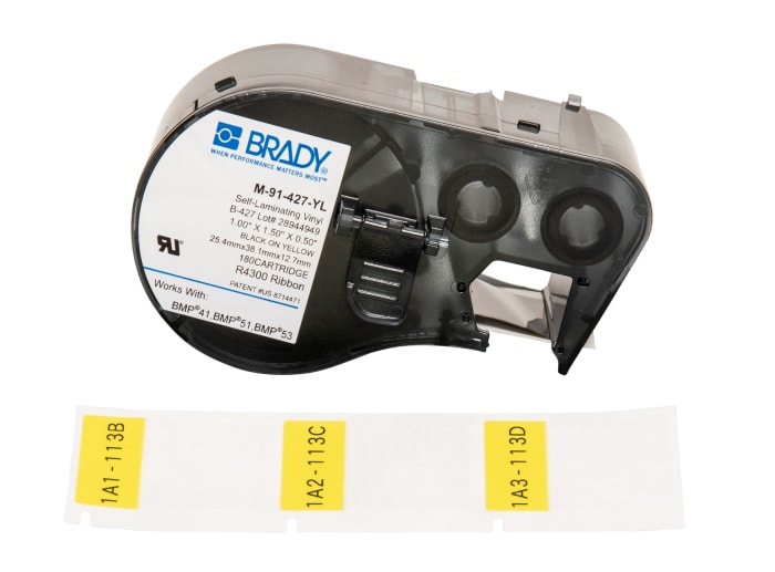 Brady B-427 Black on Black on Yellow, Transparent Label Printer Tape, 25.40 mm Width, 38.1mm Label Length