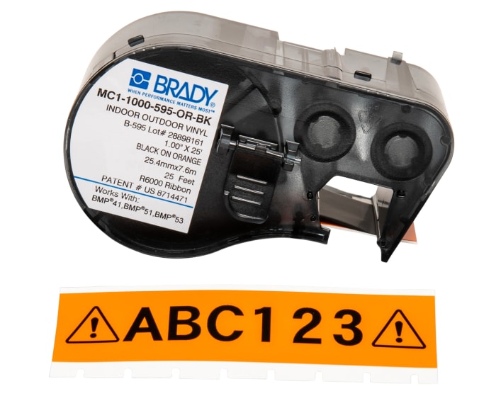 Brady B-595 Black on Black on Orange Label Printer Tape, 7.62 m Length, 25.40 mm Width