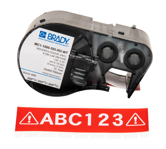 Brady B-595 White on White on Red Label Printer Tape, 7.62 m Length, 25.40 mm Width