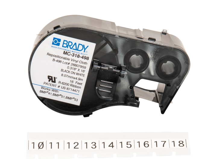 Brady B-498 Black on Black on White Label Printer Tape, 4.88 m Length, 8.08 mm Width, 4.88mm Label Length, 8.08mm Label