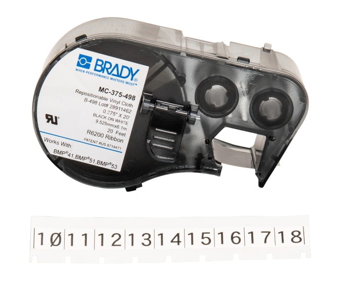 Brady B-498 Black on Black on White Label Printer Tape, 6.1 m Length, 9.53 mm Width, 6.1mm Label Length, 9.53mm Label