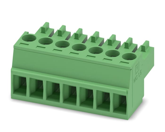 Borne enchufable para PCB Hembra Ángulo recto Phoenix Contact de 7 vías, paso 3.5mm, 8A, de color Verde, montaje de