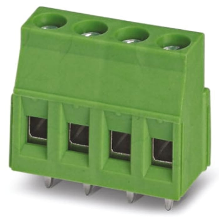 Bloque de terminal PCB Macho Ángulo recto Phoenix Contact de 4 vías, paso 5mm, 16A, de color Verde, montaje Montaje en