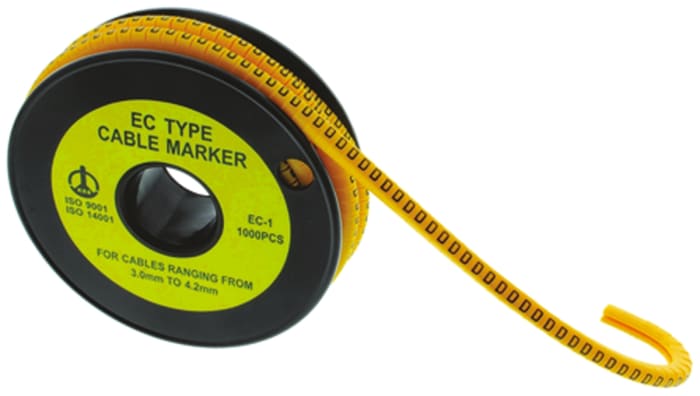 RS PRO EC Slide-On Cable Marker, Black, Pre-printed "T", 7.4 mm Cable Yellow, 3.6 mm Cable