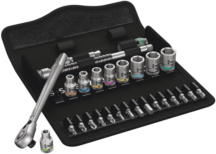 Wera 28-Piece Metric 1/4 in Standard Socket/Bit Set with Ratchet, 6 point; Hex Bit; Phillips Bit; Pozidriv Bit; Torx Bit