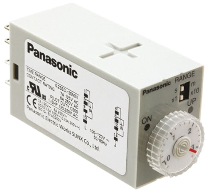 Panasonic S1DXM Series Panel Mount Timer Relay, 240V ac, 2-Contact, 0.05 s → 10min, 1-Function