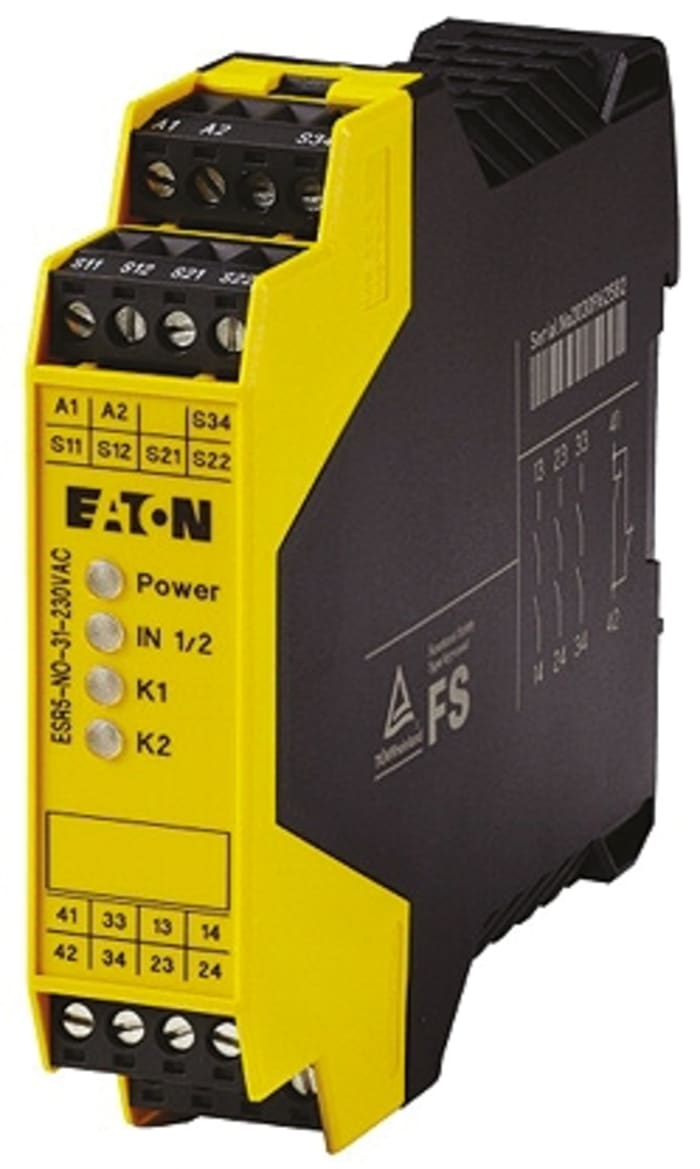 Relé de seguridad Eaton Electronic Safety Relays ESR5 de 2 canales, para Parada de Emergencia, 230V ac, cat. seg. ISO