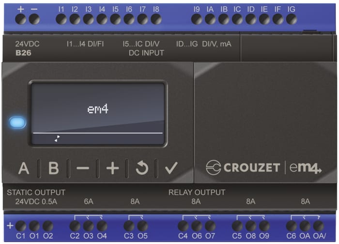 Crouzet em4 Local Series PLC CPU for Use with em4 Series, Relay, Static Output, 16-Input, Analogue, Digital Input