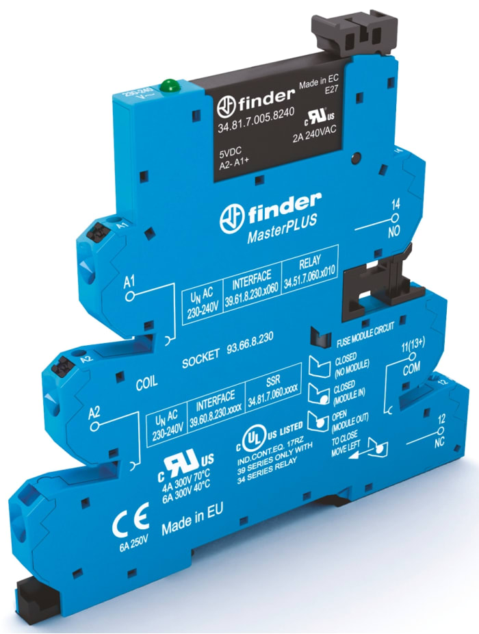 Finder Series 39 Series Solid State Interface Relay, 138 V Control, 6 A Load, DIN Rail Mount