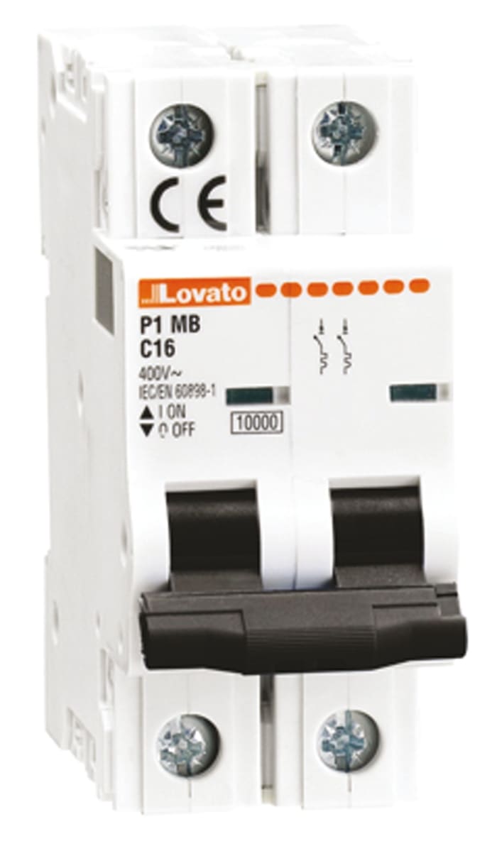 Lovato ModuLo P1MB MCB, 2P, 1A Curve C, 230V AC, 80V DC, 10 kA Breaking Capacity