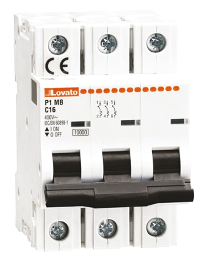 Lovato ModuLo P1MB MCB, 3P, 63A Curve D, 230V AC, 10 kA Breaking Capacity