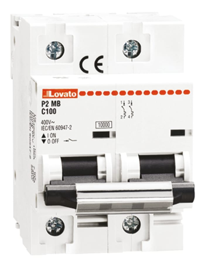 Lovato ModuLo P2MB MCB, 2P, 100A Curve C, 230V AC, 60V DC, 10 kA Breaking Capacity