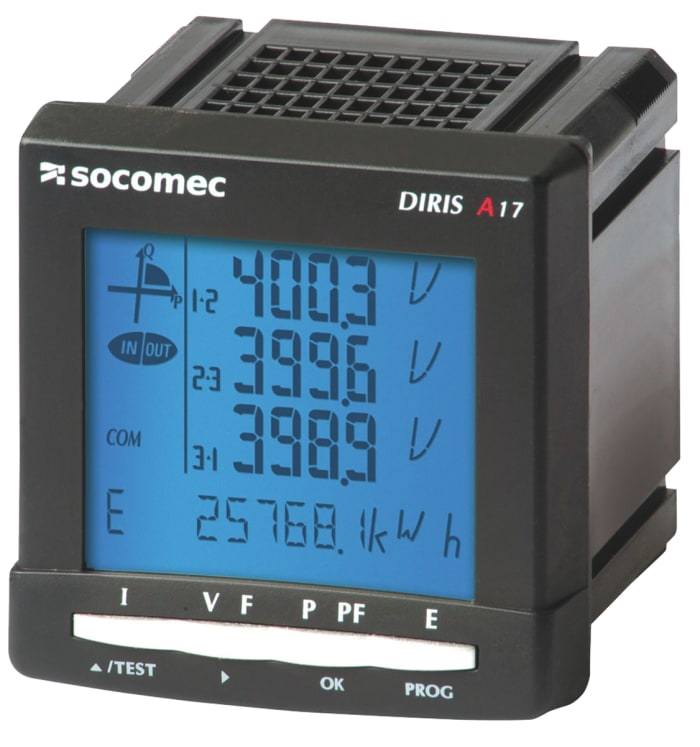 Analizador de red multifunción de panel Socomec Diris A17, con display LCD, para Corriente, Energía, Frecuencia,