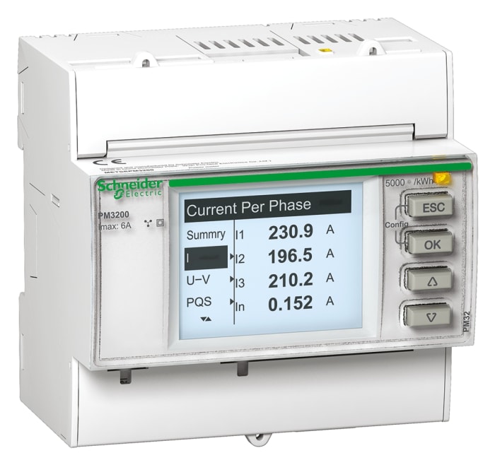 Medidor de energía Schneider Electric serie PM3200, display LCD, precisión 0,3%, 0,5%, 1, 3 fases