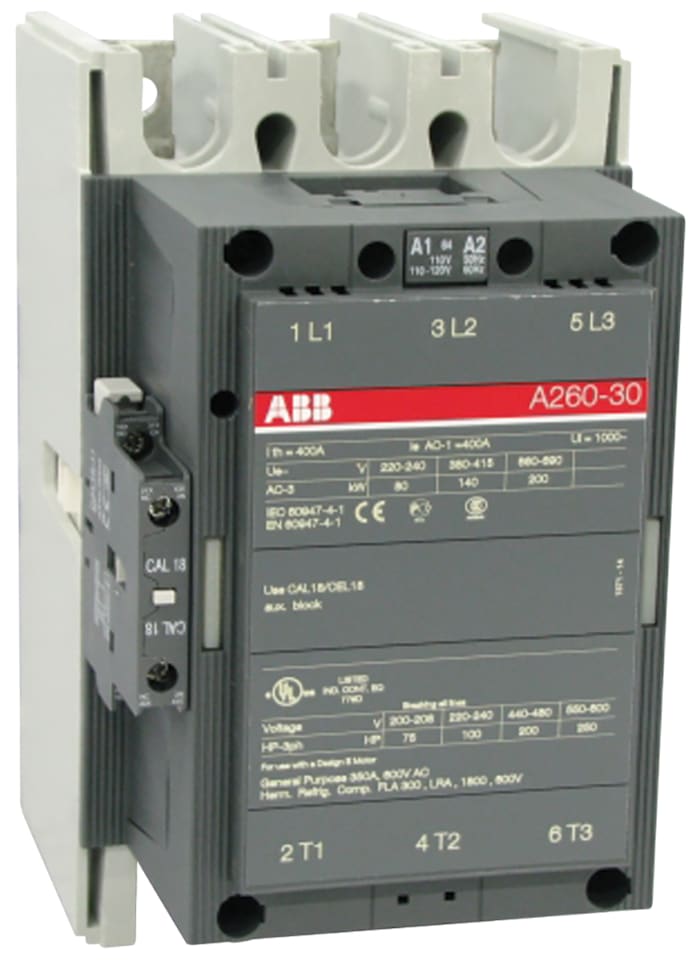 ABB A260-30-11-84 A Line Contactor, 110 V ac @ 50 Hz, 120 V ac @ 60 Hz Coil, 3-Pole, 350 A, 250 hp @ 550 → 600 V