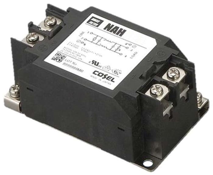 Filtr RFI, řada: NAH, 4.7nF, 250 V AC/DC, 10 kHz → 1MHz, Montáž do panelu, Šroub, 10A, 0,5 mA, Cosel, Single