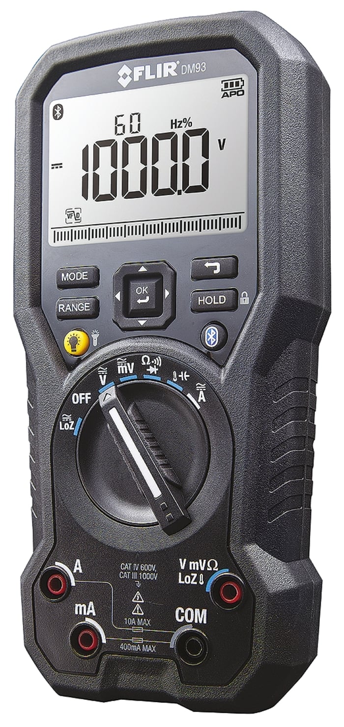 FLIR DM93 Handheld Digital Multimeter, True RMS, 10A ac Max, 10A dc Max, 1000V ac Max
