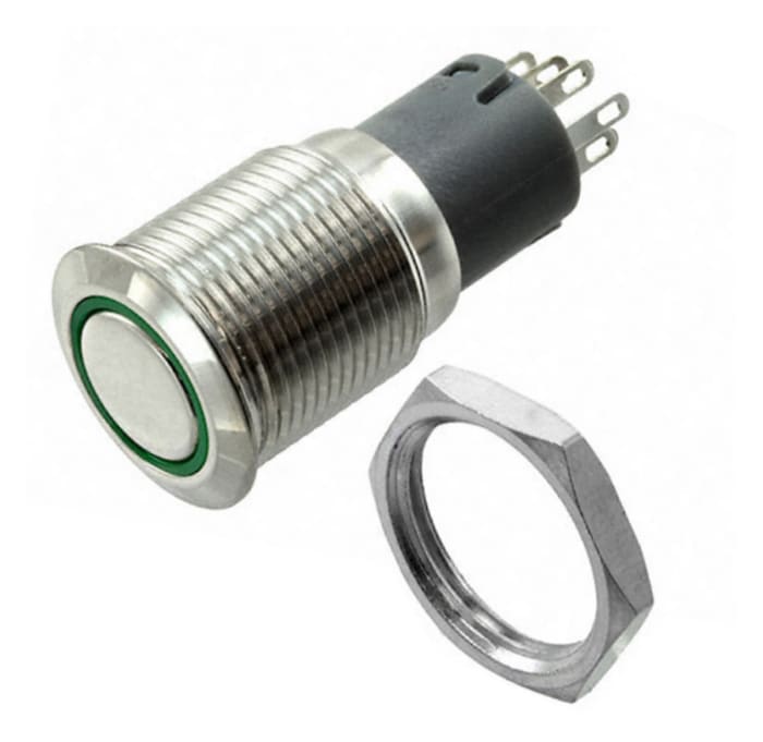 Bulgin Illuminated Push Button Switch, Momentary, Panel Mount, 16.2mm Cutout, DPDT, Green LED