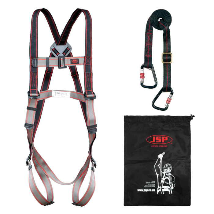 Kit de arnés de seguridad JSP FAR1103, bolsa incluida, ajustable en Pecho, Pierna, Hombro, elemento de conexión de 2m