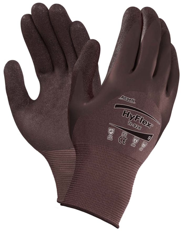 Ansell HyFlex 11-926 Brown Nylon Oil Resistant Work Gloves, Size 9, Nitrile Coating