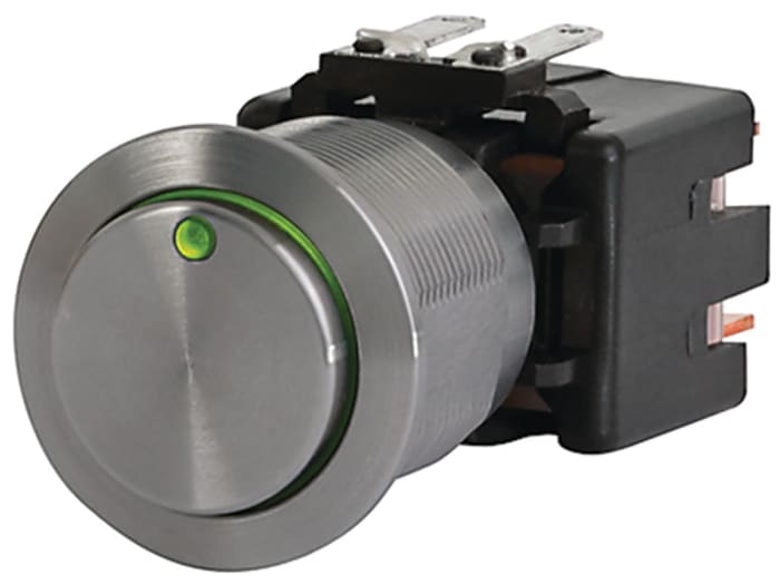 Schurter Illuminated Push Button Switch, Latching, Panel Mount, 19.1mm Cutout, SPST, Green LED, 30 V dc, 250V ac, IP00,