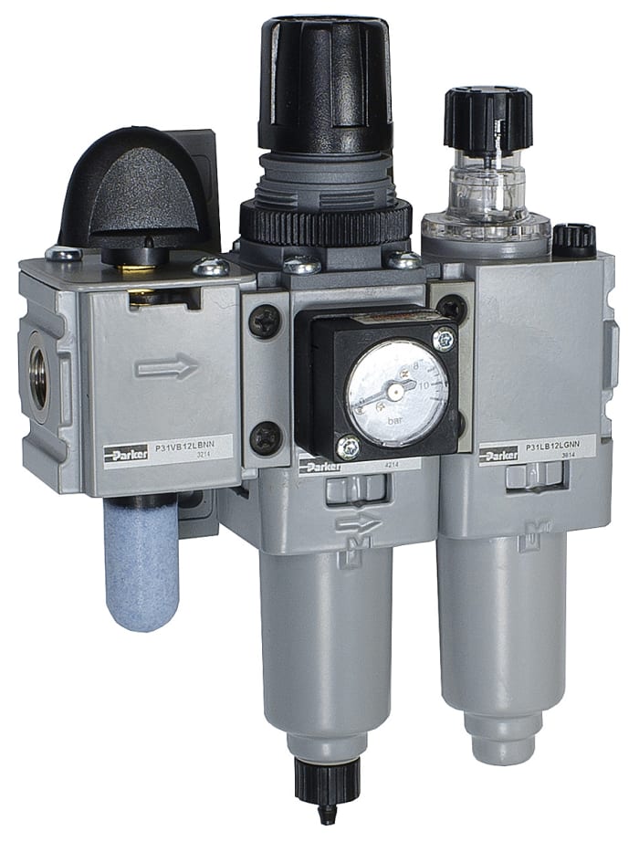 Parker BSPP 1/4 FRL, Manual Drain, 5μ Filtration Size - With Pressure Gauge