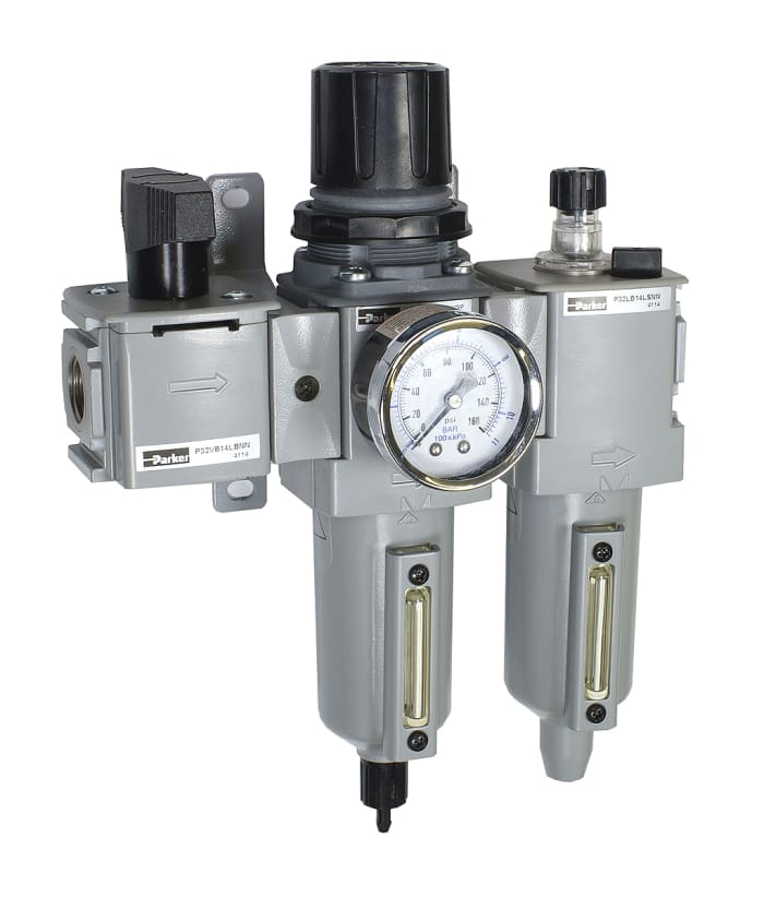 Parker BSPP 1/2 FRL, Manual Drain, 5μ Filtration Size - With Pressure Gauge