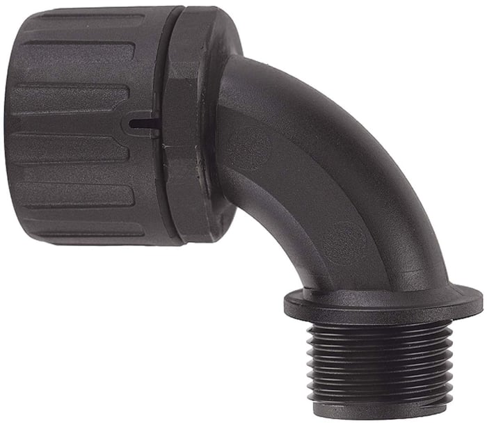 Flexicon 90° Elbow, Conduit Fitting, 28mm Nominal Size, M25, Nylon 66, Black IP66, IP67, IP68, IP69K rating