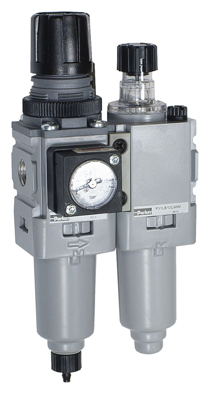 Parker G 1/4 FRL, Manual Drain, 5μ Filtration Size - With Pressure Gauge