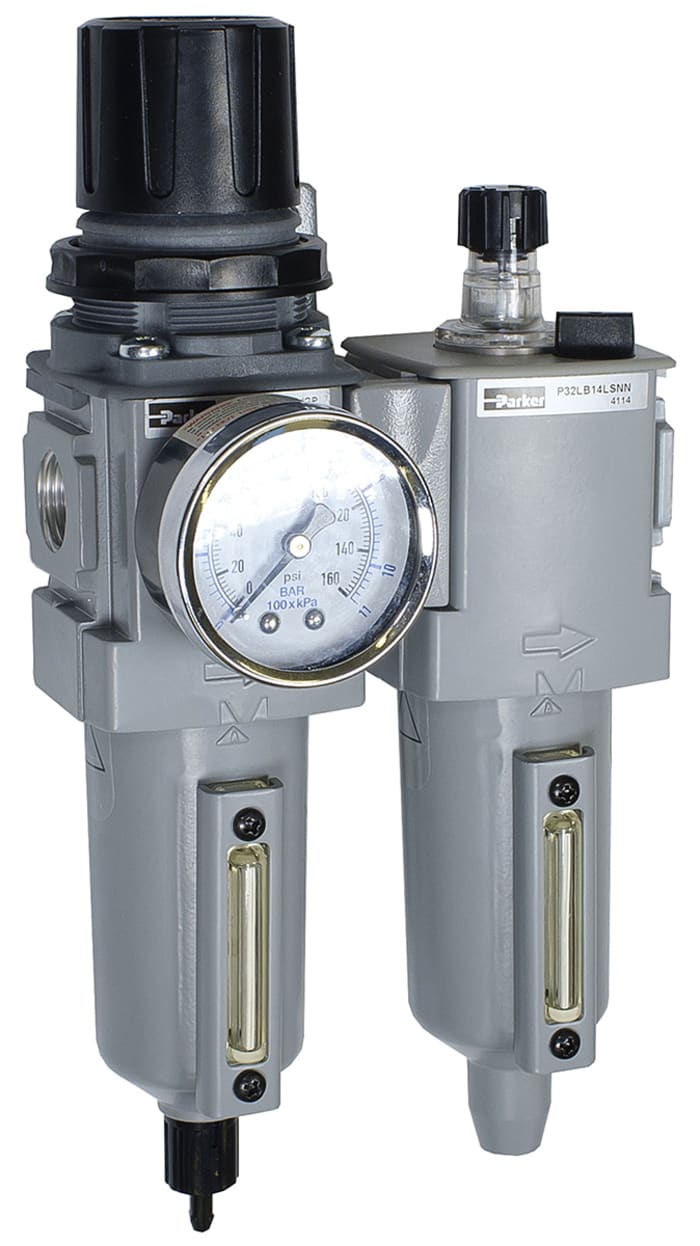 Parker G 1/2 FRL, Manual Drain, 5μ Filtration Size - With Pressure Gauge