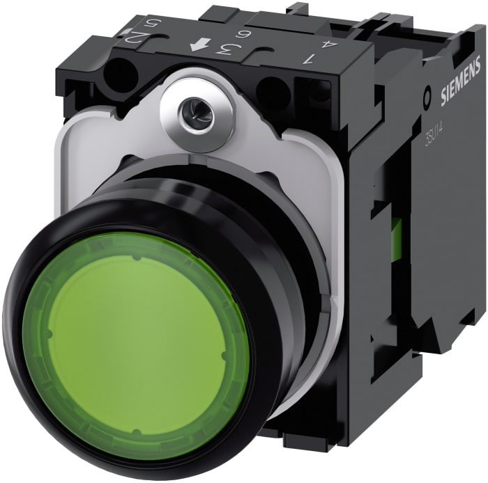 Siemens SIRIUS ACT 3SU11 Series Illuminated Push Button Complete Unit, Panel Mount, 22mm Cutout, SPST, Green LED, 24V,