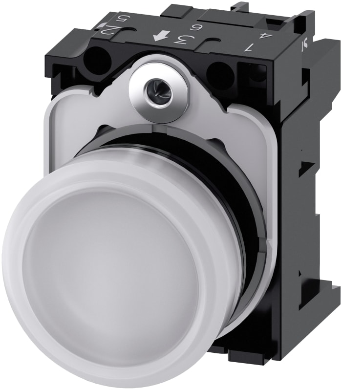 Siemens, SIRIUS ACT 3SU11, Panel Mount White LED Pilot Light, 22mm Cutout, IP66, IP67, IP69(IP69K), Round, 24V ac/dc