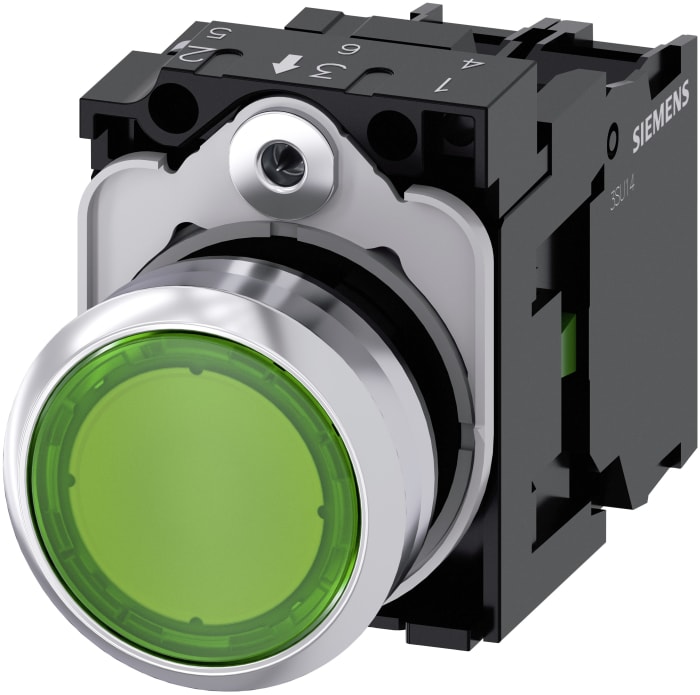Siemens SIRIUS ACT 3SU11 Series Illuminated Push Button Complete Unit, Momentary, Panel Mount, 22mm Cutout, SPST, Green