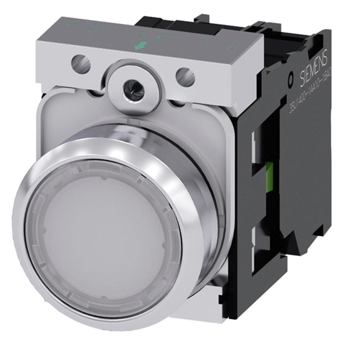 Siemens SIRIUS ACT 3SU11 Series Illuminated Push Button Complete Unit, Panel Mount, 22mm Cutout, SPST, White LED, IP66,