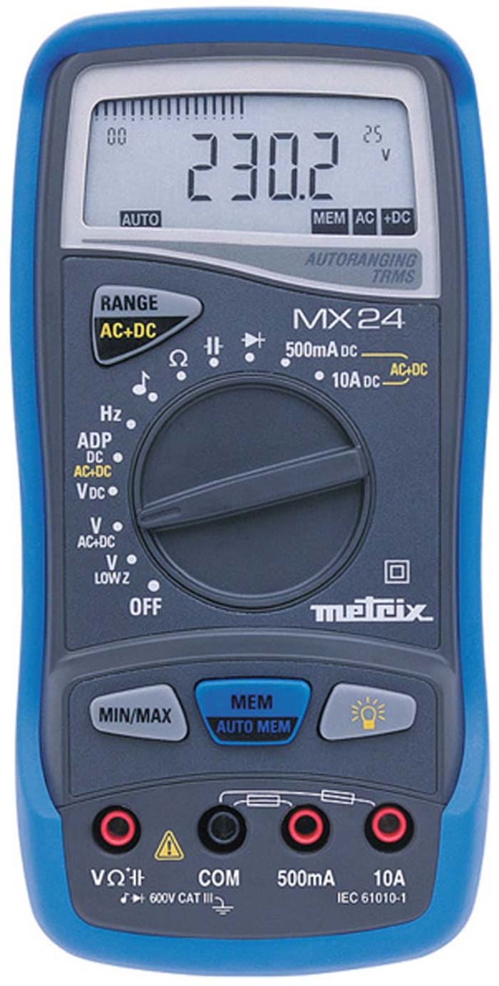 Chauvin Arnoux MX 24 Handheld LCD Digital Multimeter, True RMS, 20A ac Max, 20A dc Max, 750V ac Max