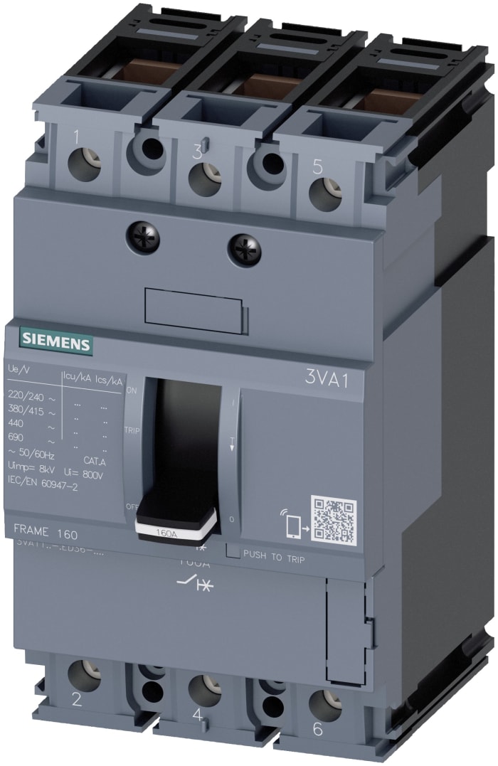MCCB Siemens, 3 Polos, 100A, Capacidad de Ruptura 25 kA, Montaje fijo, SENTRON, 3VA