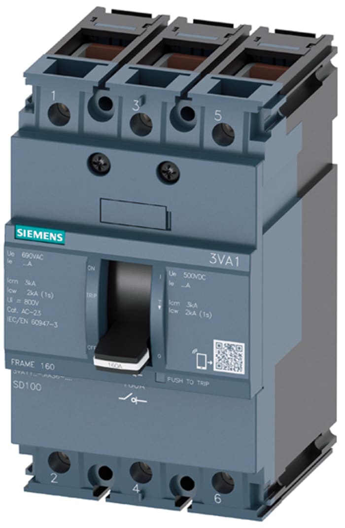 Siemens, SENTRON MCCB 3P 100A, Breaking Capacity 25 kA, Fixed Mount